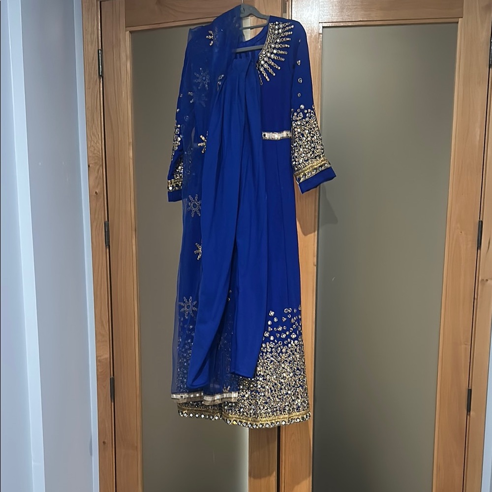 Elegant Blue and Gold Embellished Dress with scarf and pants